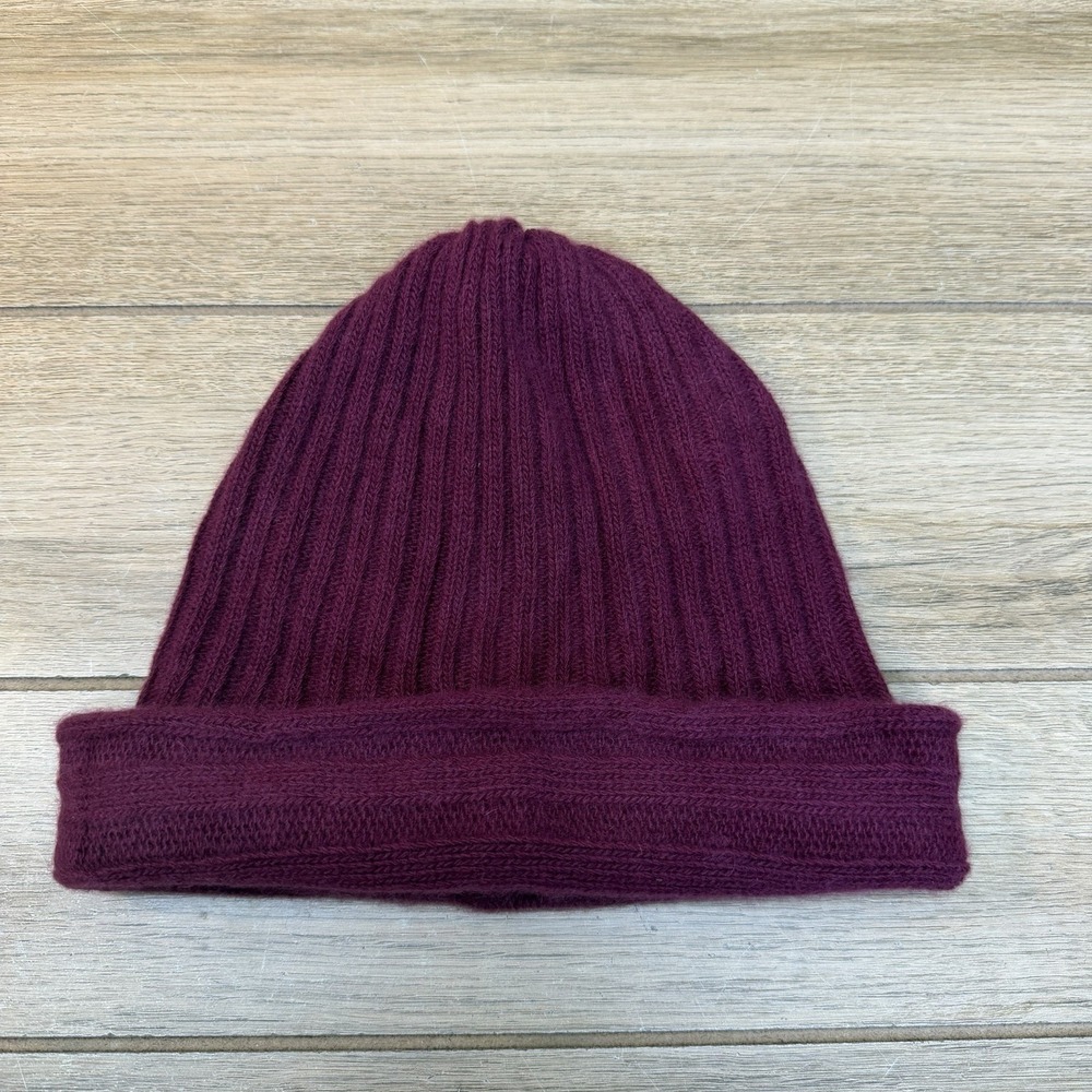 Portolano 100% Cashmere Slouchy Ribbed Cuffed Beanie Hat- Maroon NWT $105